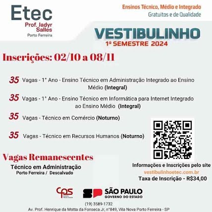 Estão abertas as inscrições para o Vestibulinho das Etecs