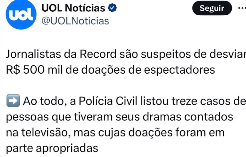 Jornalistas de um programa da TV Record da Bahia são suspeitos de roubar doações dos espectadores