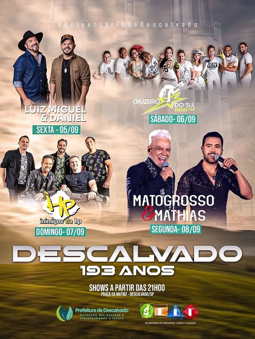 Descalvado comemora 193 anos com quatro noites de shows gratuitos na Praça da Matriz