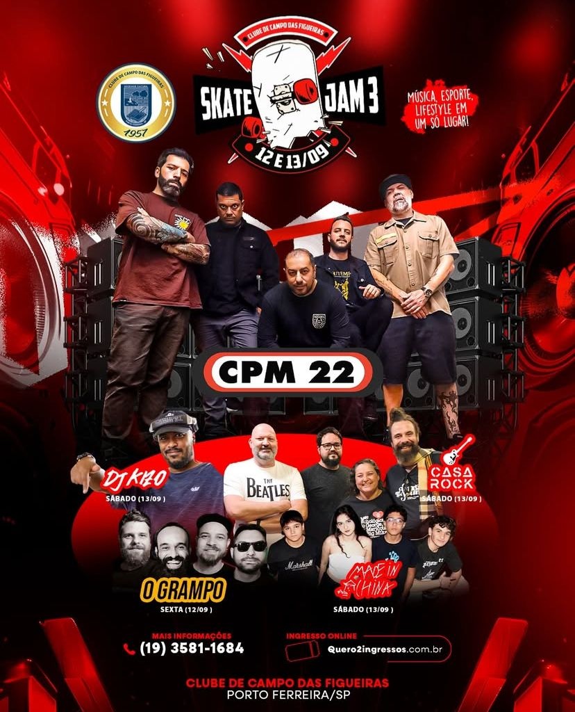 Clube de Campo de Porto Ferreira traz CPM 22 e muitas atrações para o Skate Jam 3 nesta sexta e sábado