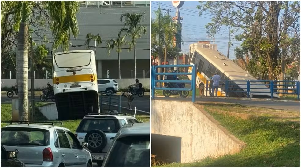 Ônibus sem freio cai em córrego e assusta moradores