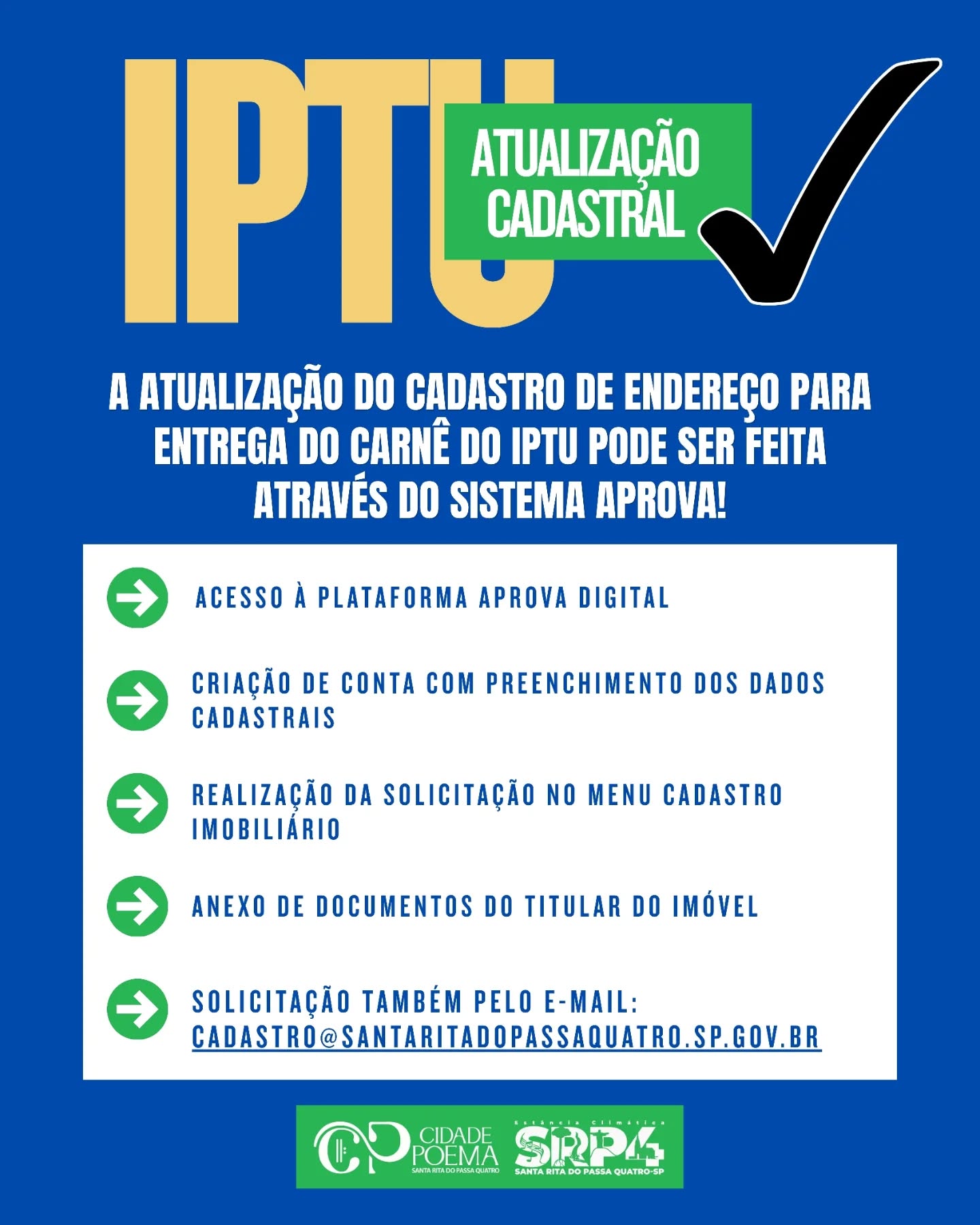 Atualização cadastral do IPTU pode ser feita online em Santa Rita do Passa Quatro