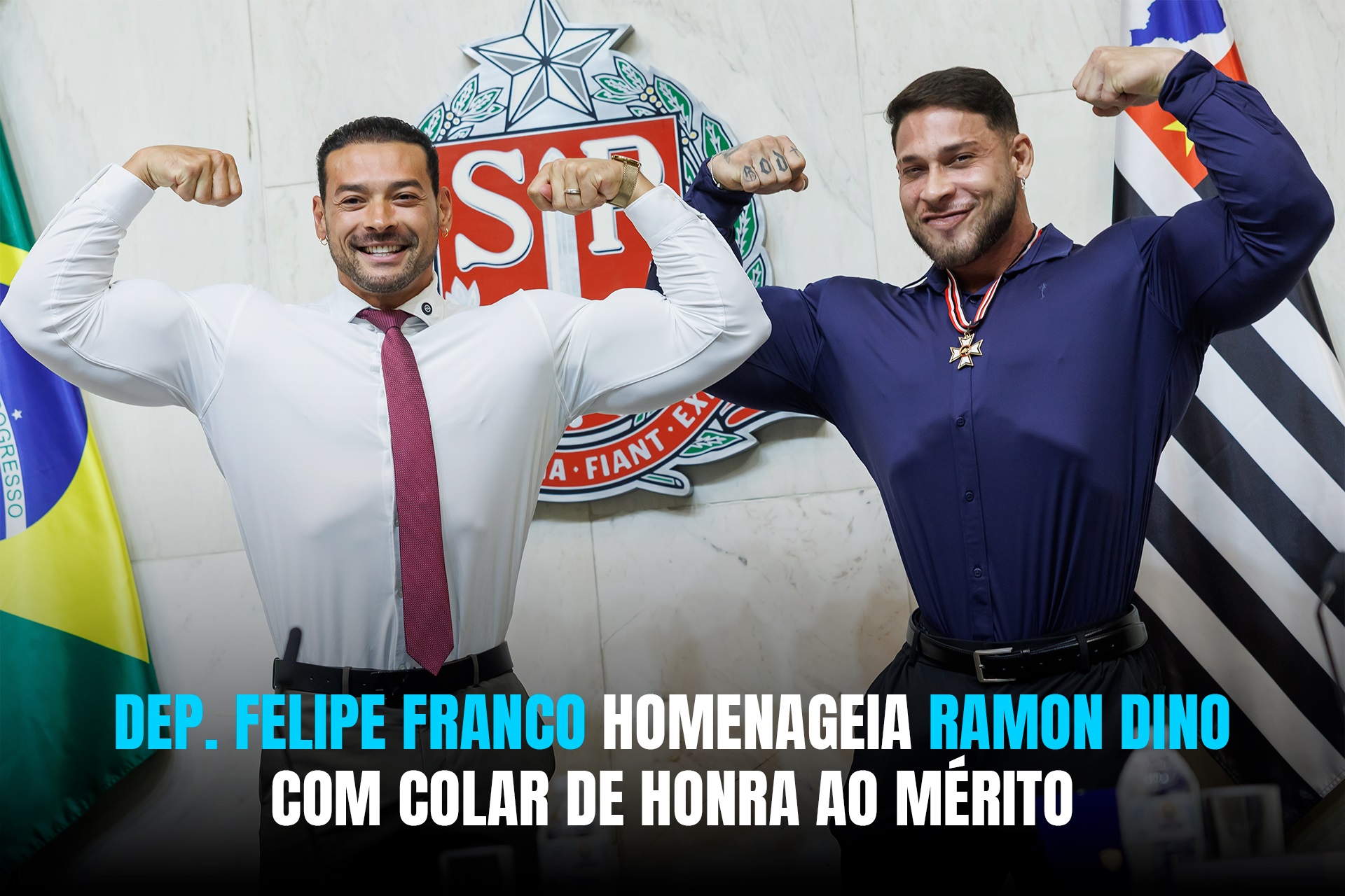 Deputado Felipe Franco homenageia o atleta Ramon Dino com colar de honra ao mérito na Assembleia Legislativa