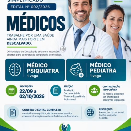 Descalvado abre seleção para contratação temporária de médicos