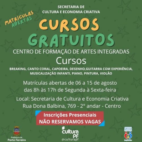 Secretaria de Cultura abre matrículas para cursos gratuitos em Porto Ferreira
