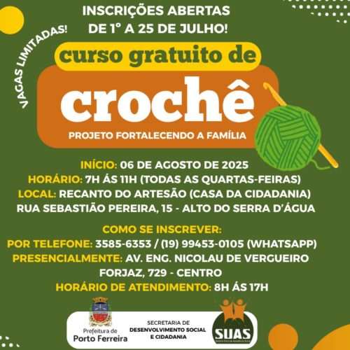 Estão abertas as inscrições para o curso gratuito de crochê da Casa da Cidadania de Porto Ferreira