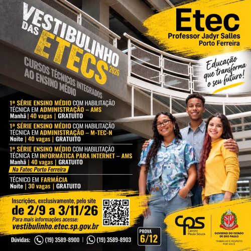 Etec de Porto Ferreira oferece vagas gratuitas para cursos técnicos integrados ao ensino médio