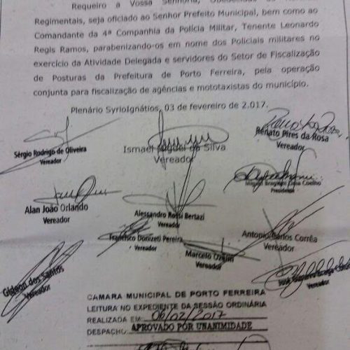 Vereadores parabenizam ação da Polícia Militar em Porto Ferreira