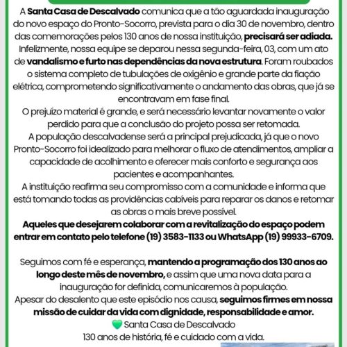 Furto e vandalismo atrasam inauguração do novo pronto-socorro da Santa Casa de Descalvado