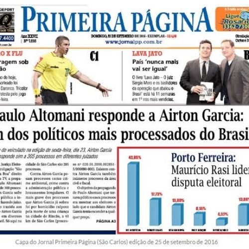 Jornal de São Carlos divulga pesquisa sobre intenções de votos para Prefeito de Porto Ferreira