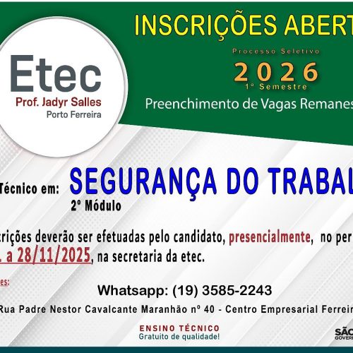 Etec abre vagas remanescentes para técnico em segurança do trabalho
