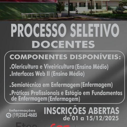 Etec de Santa Rita do Passa Quatro abre inscrições para processo seletivo de docentes