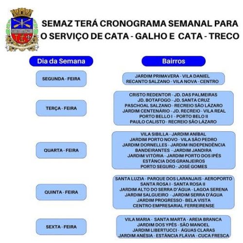 Zeladoria de Porto Ferreira informa o “Cronograma Semanal de Cata Galho e Cata Treco” na cidade