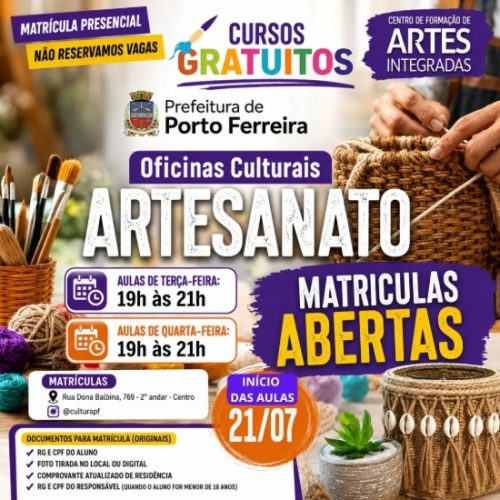 Oficinas culturais de artesanato estão com matrículas abertas em Porto Ferreira