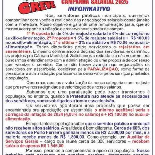 Greve dia 1º de abril: confira comunicado do Sindicato dos servidores municipais de Porto Ferreira