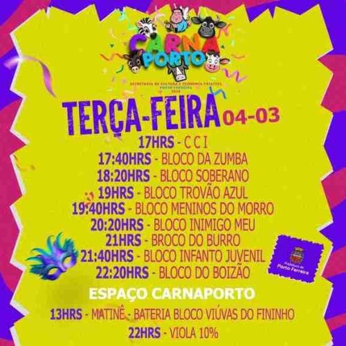 Confira a programação do Carnaval 2025 de Porto Ferreira desta terça-feira (04/03)