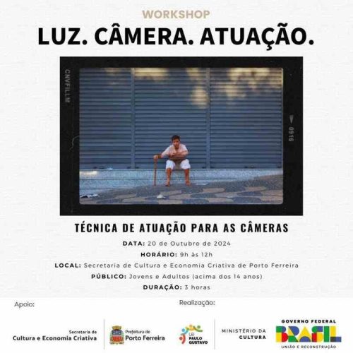 Workshop “Luz, Câmera e Atuação” acontece em Porto Ferreira neste domingo (20/10) das 9h às 12h
