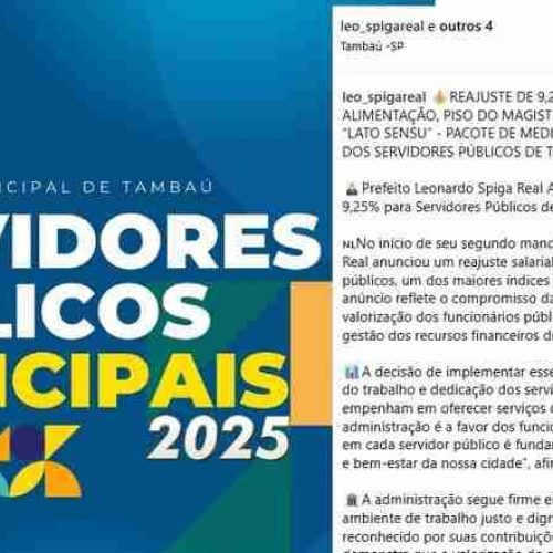 Leonardo Spiga Real, Prefeito de Tambaú, anuncia aumento salarial de 9,25% para Servidores Públicos
