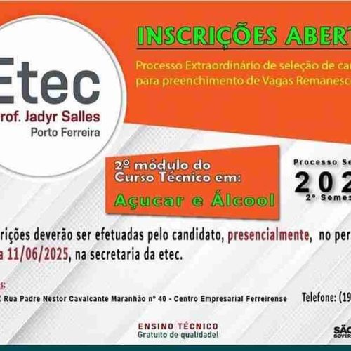Etec de Porto Ferreira tem vagas remanescentes para cursos técnicos em Informática e Açúcar e Álcool