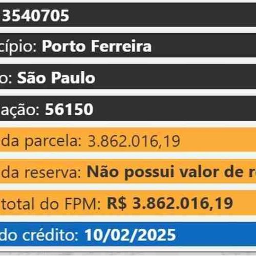 Porto Ferreira recebeu, nesta segunda, R$ 3.862.016,19 – referente a 1ª parcela de FPM de fevereiro