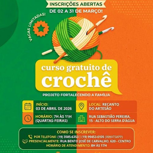 Curso gratuito de crochê abre inscrições em Porto Ferreira