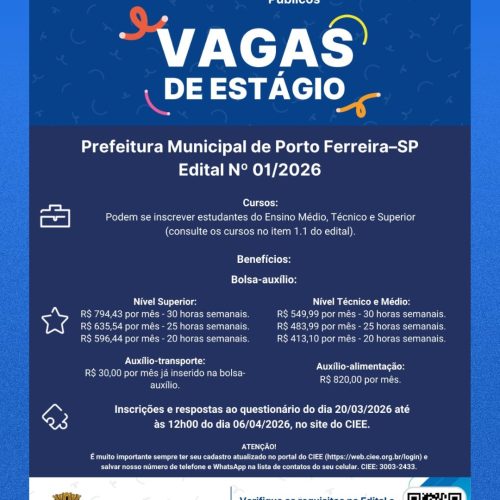 Inscrições para estágio na Prefeitura de Porto Ferreira terminam ao meio-dia de segunda-feira