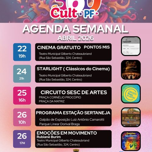 Agenda semanal de abril reúne cinema gratuito, música e artes em Porto Ferreira;  hoje tem sessão de cinema gratuito Teatro Municipal Gilberto Chateaubriand