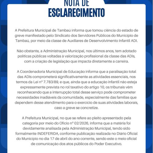 Prefeitura de Tambaú se manifesta sobre estado de greve de auxiliares da educação infantil
