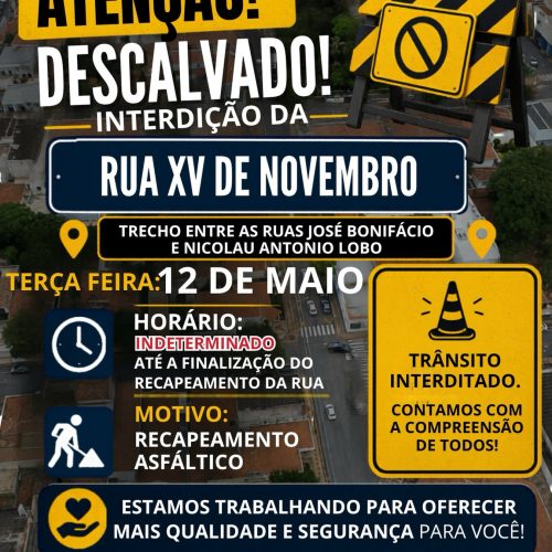 Rua XV de Novembro será interditada para recapeamento em Descalvado nesta terça-feira