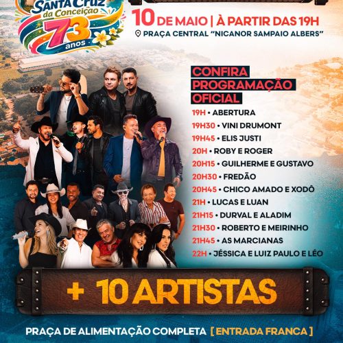 Show reúne artistas e celebra os 73 anos de Santa Cruz da Conceição neste sábado