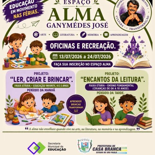 Férias escolares terão oficinas gratuitas de leitura, arte e recreação no Espaço ALMA, em Casa Branca (SP)
