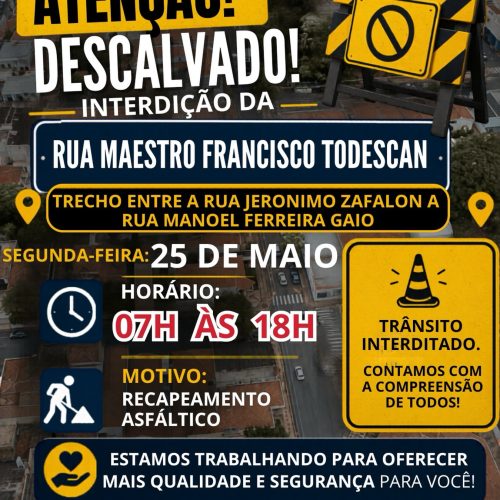 Rua de Descalvado será interditada para obras de recapeamento nesta segunda-feira