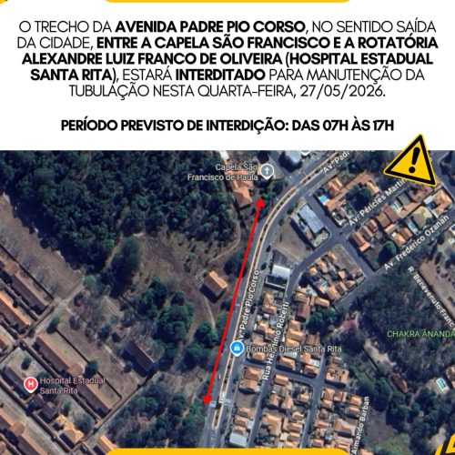 Trecho da Avenida Padre Pio Corso será interditado para manutenção em Santa Rita do Passa Quatro