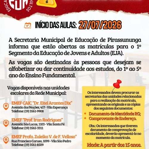 Pirassununga abre matrículas para Educação de Jovens e Adultos