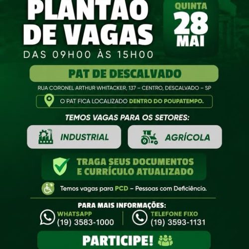 Plantão de vagas no PAT de Descalvado oferece oportunidades nos setores industrial e agrícola