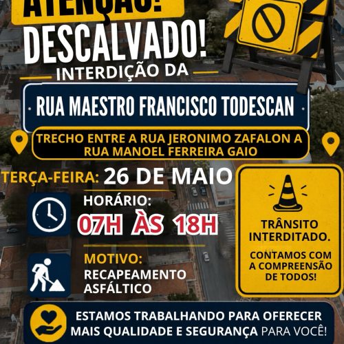 Rua Maestro Francisco Todescan será interditada para recapeamento em Descalvado nesta terça-feira (26/05)