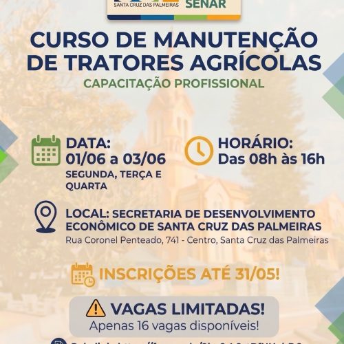 Curso de manutenção de tratores agrícolas abre inscrições em Santa Cruz das Palmeiras