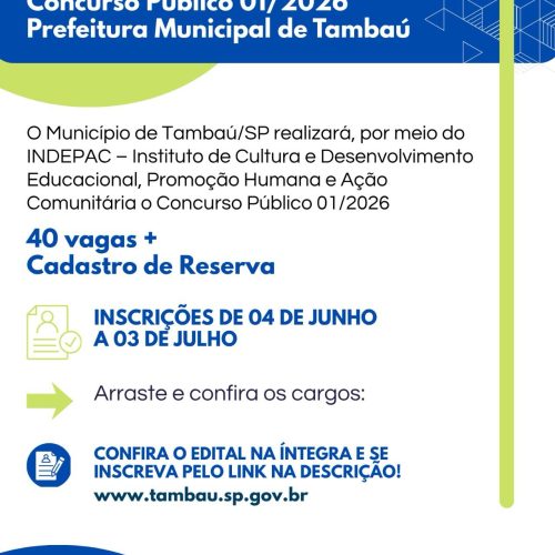 Tambaú abre concurso público com 40 vagas e salários de até R$ 6,9 mil