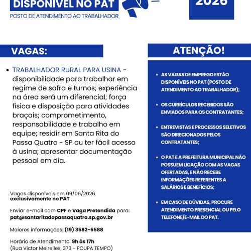 PAT divulga nova oportunidade de emprego para trabalhador rural em Santa Rita do Passa Quatro