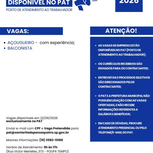 PAT divulga novas oportunidades de emprego em Santa Rita do Passa Quatro