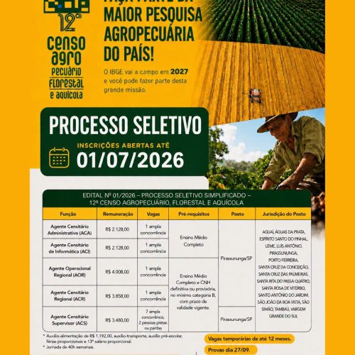 Leme: moradores podem disputar vagas temporárias do IBGE para o Censo Agropecuário 2026
