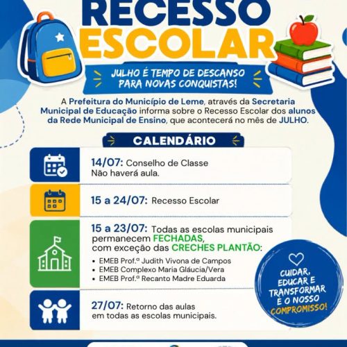 Leme divulga calendário do recesso escolar de julho na Rede Municipal de Ensino