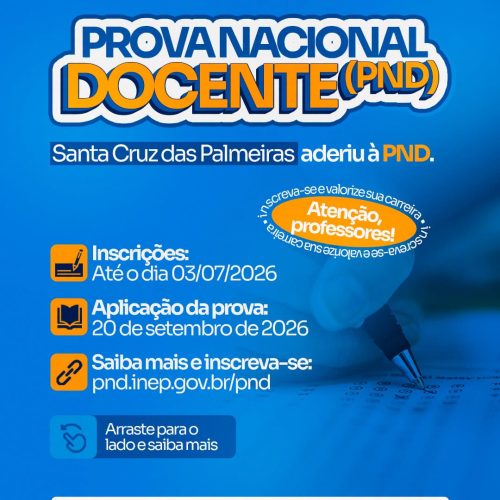 Santa Cruz das Palmeiras adere à Prova Nacional Docente e amplia oportunidades para educadores