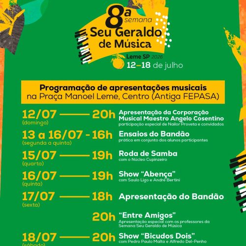 Semana Seu Geraldo de Música terá sete dias de atrações gratuitas em Leme