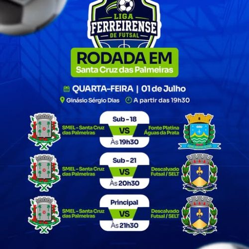 Santa Cruz das Palmeiras recebe rodada da Liga Ferreirense de Futsal nesta quarta-feira