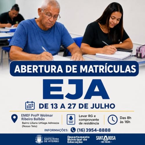 Santa Rosa de Viterbo abre matrículas para a EJA na EMEF Professora Wolmar Ribeiro Balbão
