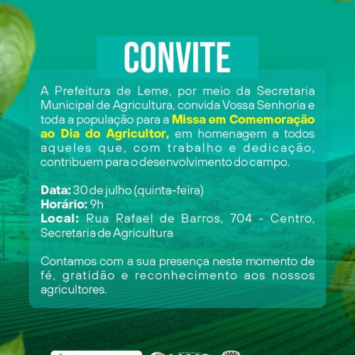 Prefeitura de Leme convida população para missa em homenagem ao Dia do Agricultor