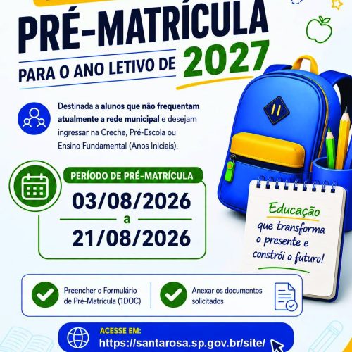 Pré-matrícula para 2027 é aberta na rede municipal de Santa Rosa de Viterbo