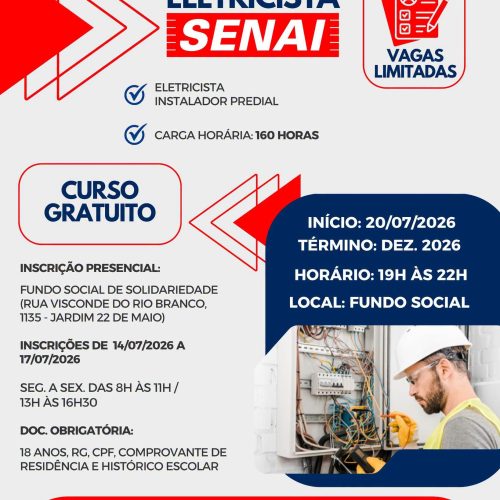 Curso gratuito de eletricista predial abre inscrições em Santa Rita do Passa Quatro