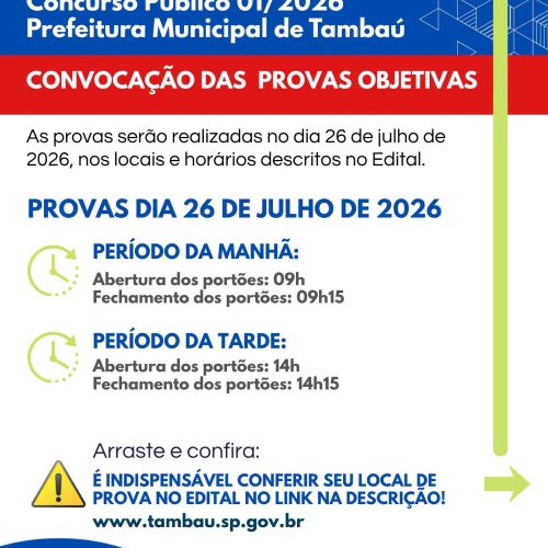 Prefeitura de Tambaú divulga convocação para provas do concurso público 2026